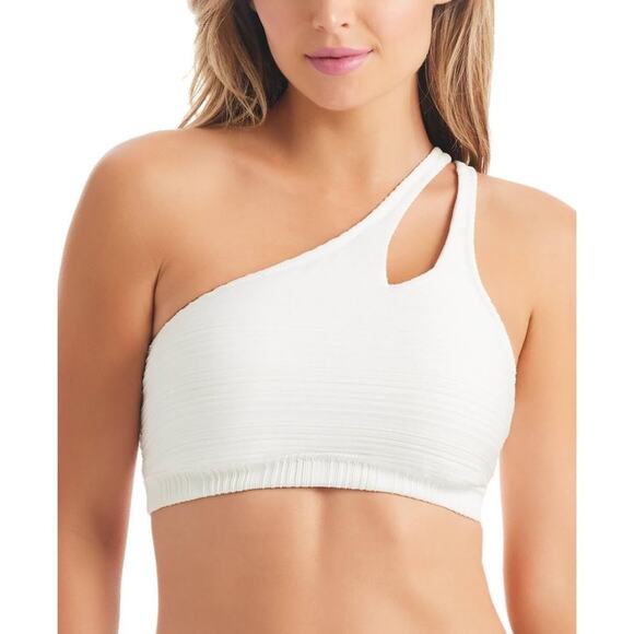Jessica Simpson Womens One Shoulder Ribbed Bikini Swim top Ivory S 14593 - Picture 1 of 2